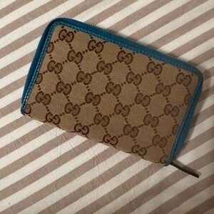 Gucci GG Canvas Zip Around Wallet Teal Leather Interior